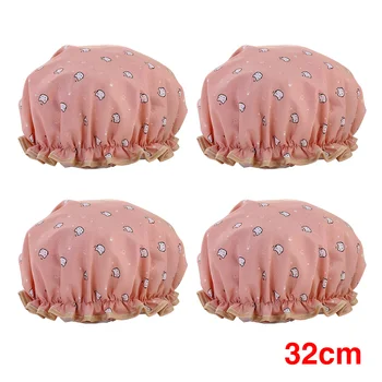 

4pcs Cartoon Home Double Layer Waterproof Adults PEVA Women Shower Cap Bonnet Elastic Bathroom Cute Cat Printed Bath Accessories