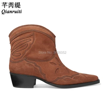 

Qianruiti Botines Mujer 2019 Pointed Toe Slip On Women Block Heels Autumn Shoes Embroidery Leather Western Cowboy Ankle Boots