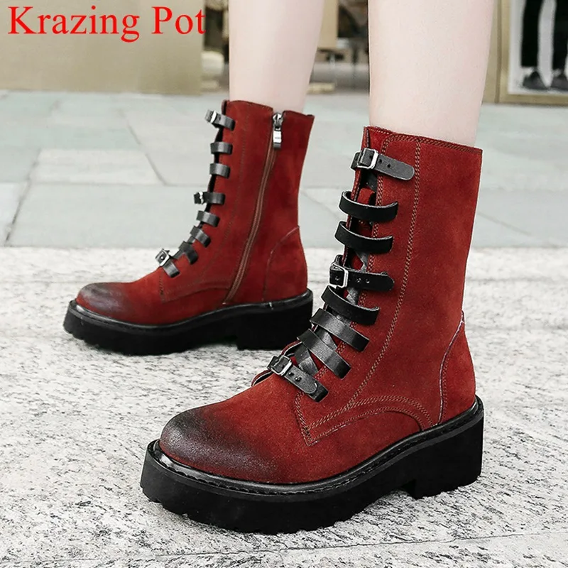 

big size genuine leather round toe high heels women mid-calf boots motorcycles warm party zipper runaway retro winter shoes L33