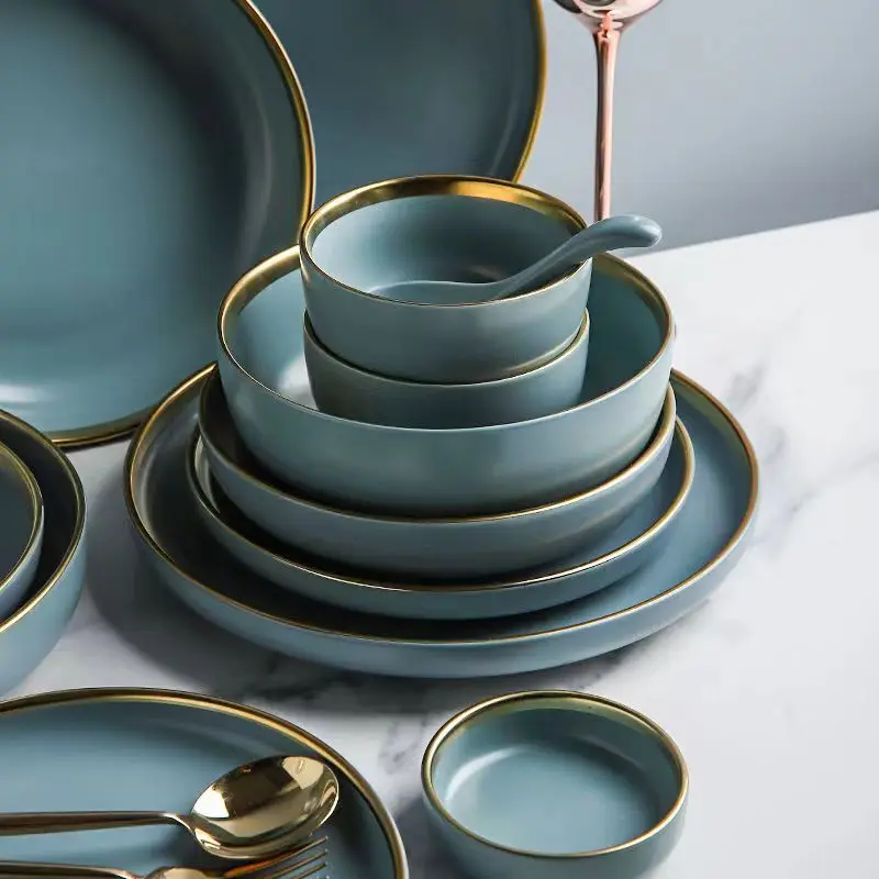 Blue Matte Gilt Rim Ceramic Tableware Set with Spoon Cereals Bowl Dessert Plate Steak Plate for Dinner Gift Plates And Bowls Set