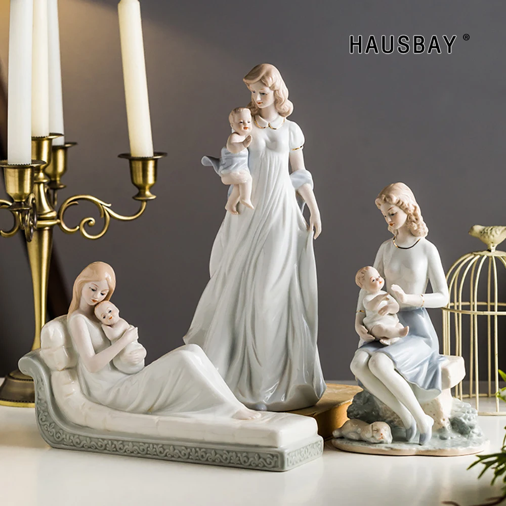 Ceramic Goddess Statue Nordic Motherchild Figurines Creative Crafts Gift Bedroom Living Room