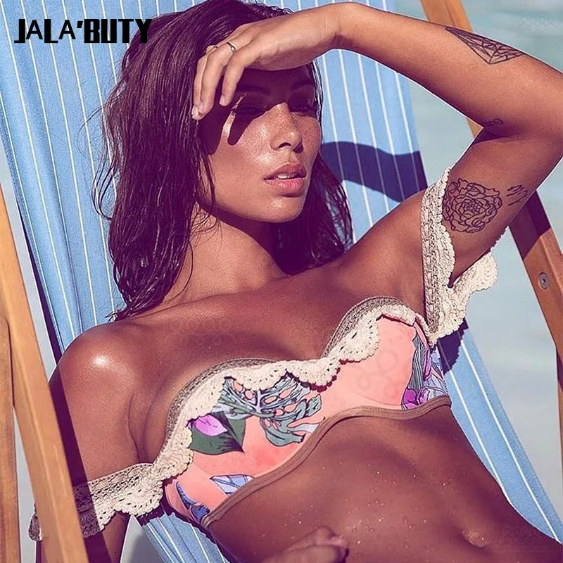 

Sexy Strapless Crochet Triangle Bikini Women Separate Knitted Lace Swimsuit Off The Shoulder Print Pink Bathing Suit Mini Bikini