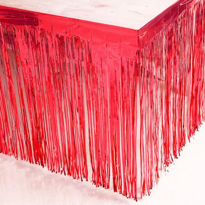 Rectangle Plastic Metallic Foil Fringe Table Skirt Banner Tinsel Glitter Tassels Desk Cover for Christmas Halloween Party Decor