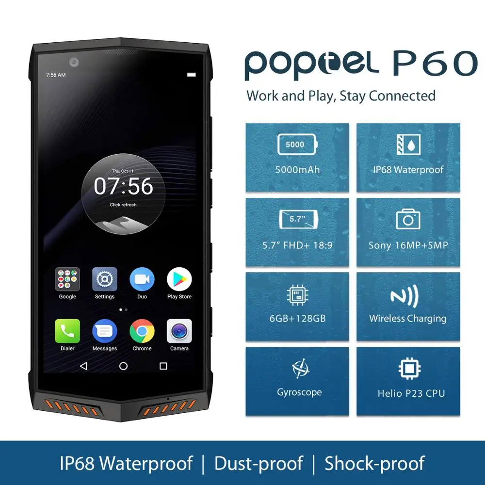 2020 New version Poptel P60 rugged smartphone with PTT 6+128G RAM wireless charging FaceID 5000mah battery NFC 16MP dual camera