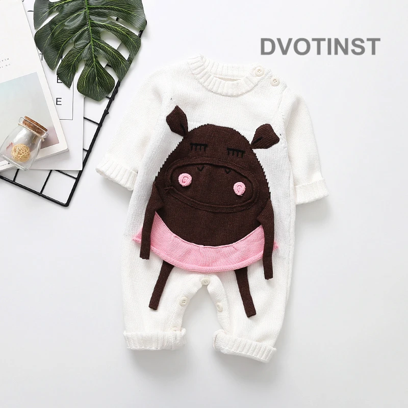 Dvotinst Newborn Baby Boy&Girls Clothes Winter Full Sleeves Knit Crochet Animal Toddler Jumpsuit Outfit Infant Clothing Costume