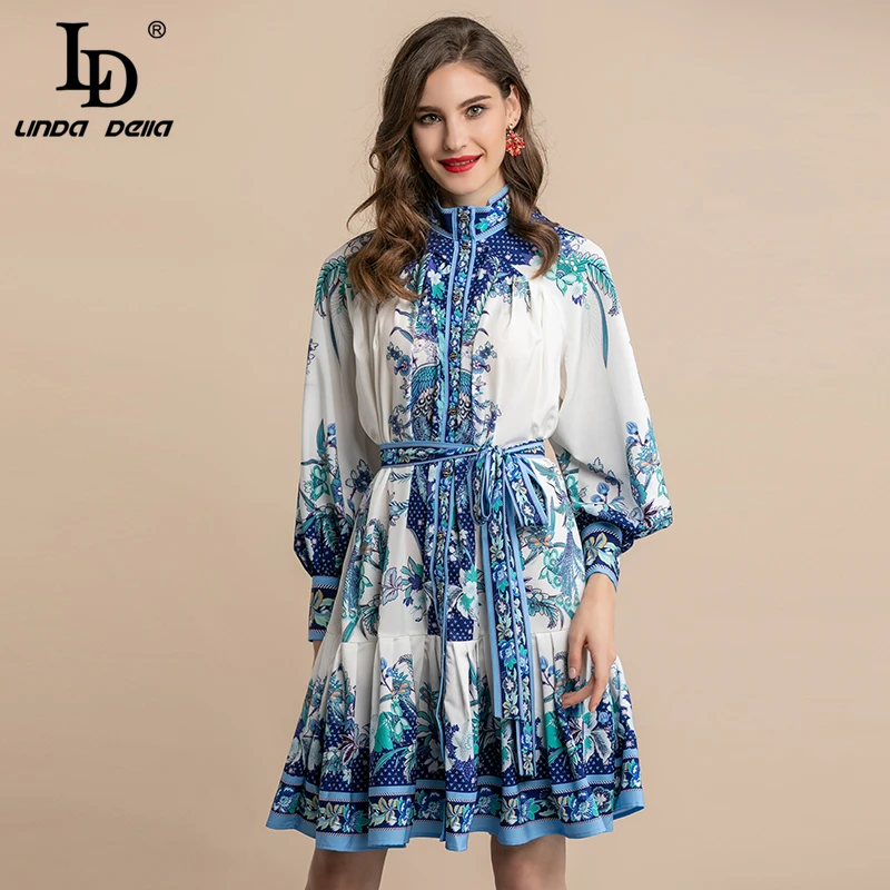 

LD LINDA DELLA Autumn Fashion Runway Casual Loose Dress Women's Lantern sleeve Charming Floral Print Belted Party Holiday Dress