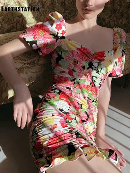 

Free Shipping Sexy Square Collar Puff Sleeve Retro Print Pleated Zou Skinny Pack Hip Dress Lady Summer New Fashion