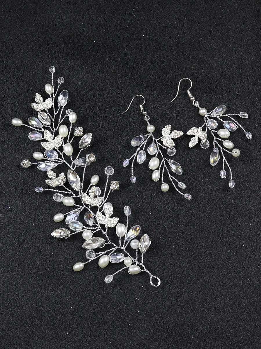 Fashion Silver Hair Clips Earrings Set Pearls Leaves Headbands Women Crystal Headdresses for hair Wedding Bridal Hairbands