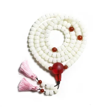 

HANDMADE WHITE JADE BUDHI 108 BEADS RED AGATE STAND BRACELET JEWELRY KPOP