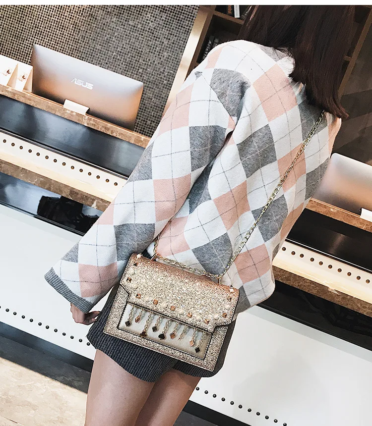 Новая корейская модная женская сумка-мессенджер на цепочке с блестками, винтажная шикарная простая повседневная женская сумка через плечо, диагональная посылка