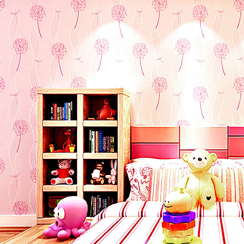 

girls dormitory home bedroom wall pantingDandelion warm yellow pink green wallpaper bedroom living room non-woven wallpaper