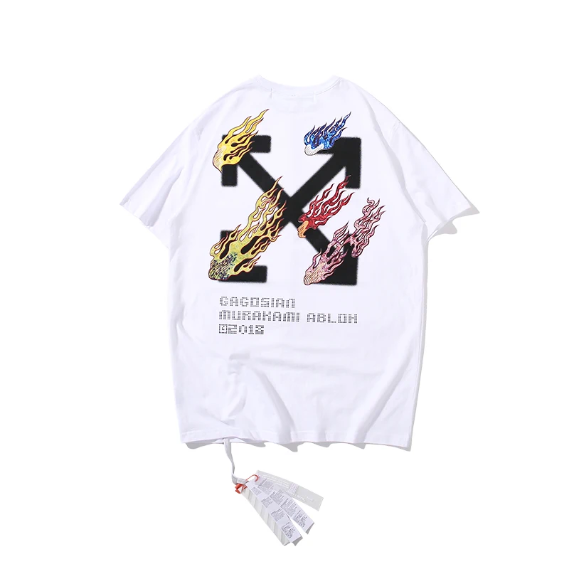 Разноцветная Футболка с принтом пламени и стрелы, 19ss, Off-White OW, для мужчин и женщин, модные модели для влюбленных, хлопковая Повседневная футболка с короткими рукавами и круглым вырезом - Цвет: White