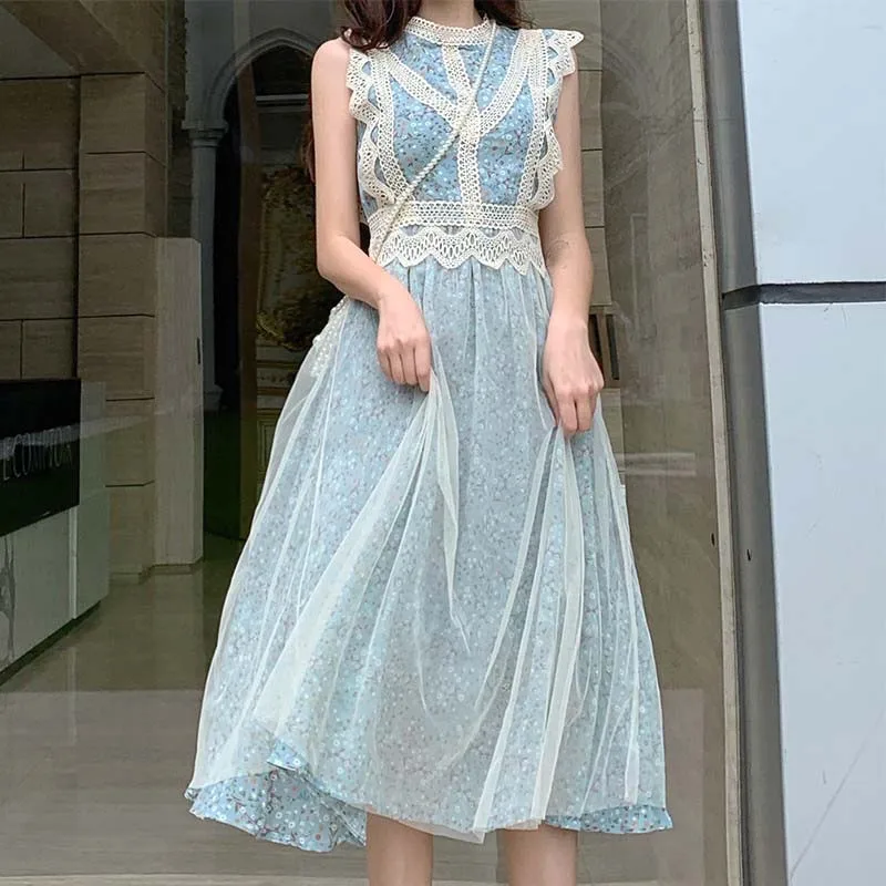 

2019 Korean Elegant Women Patchwork Lace Mesh Princess Dress Sweet Cute Floral Print Midi Dress O Neck Party Dress