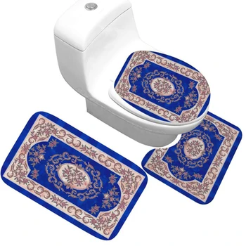 

3 Pieces Set Classic Pattern Toilet Cover Foot Pad Non-slip Absorbent Bathroom Doormat Soft Flannel Bath Carpet Rug Bath Mat