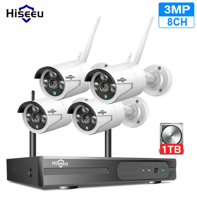 Hiseeu 3MP Wireless WIFI CCTV System 8CH NVR Kit H 265 4Pcs Outdoor Audio Security IP