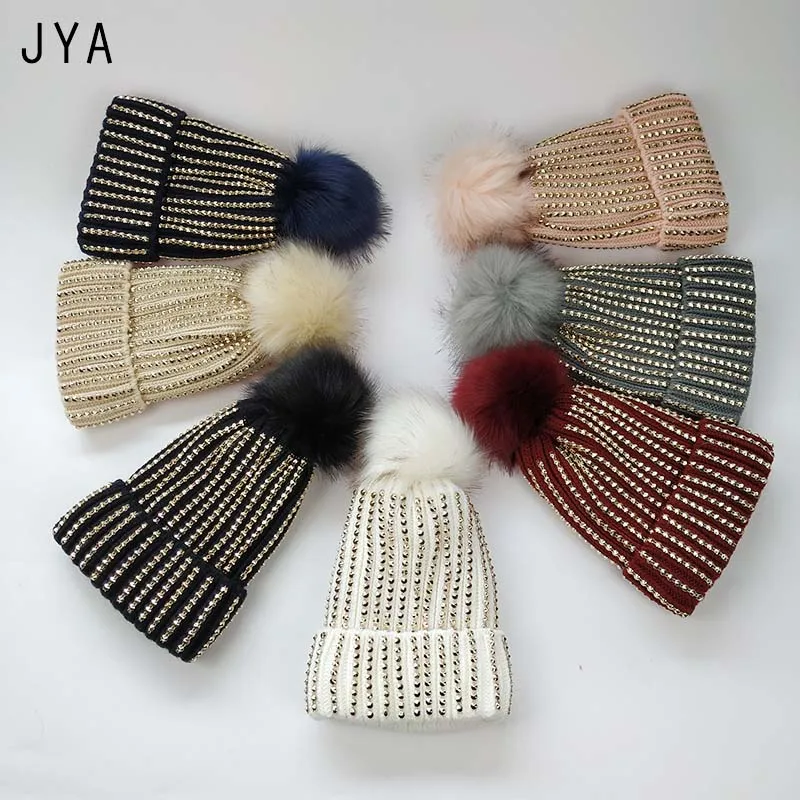 Высококачественные вязаные повседневные шапочки Skullies Beanies для женщин из искусственного меха с помпоном, однотонные осенние модные толстые кашемировые зимние шапки