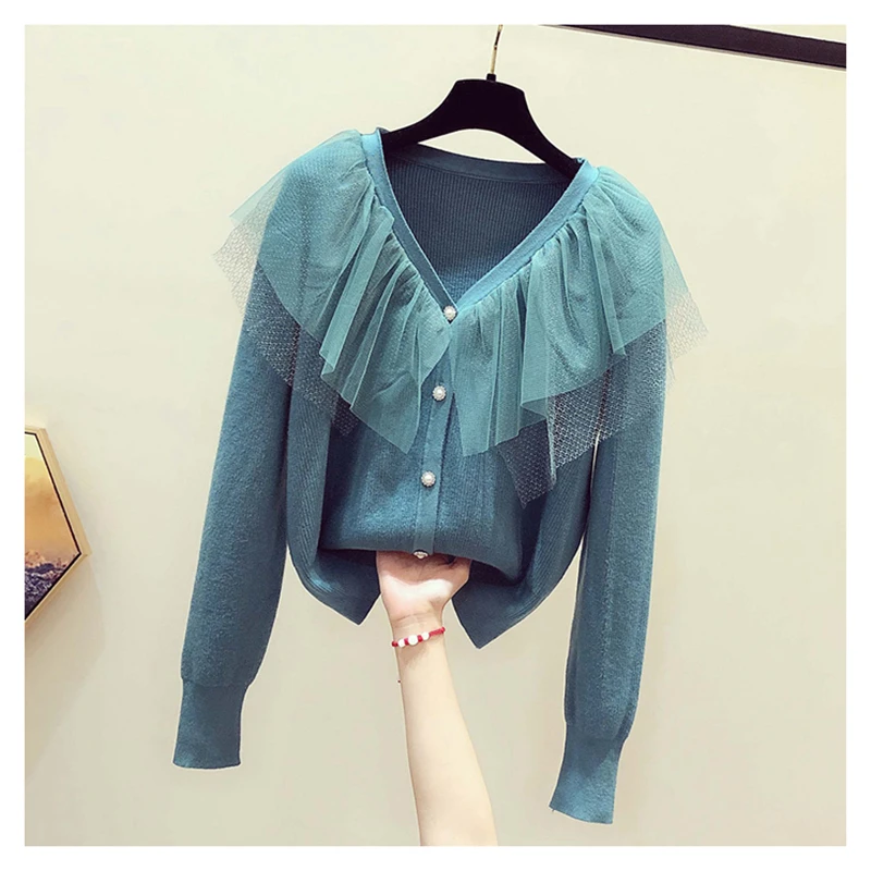 

Mesh Stitching Sweater Jackets Women Korean Casual Loose Solid Color Exquisite Single Breasted Cardigan Female Sweet Warm Outfit