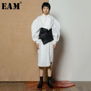 

[EAM] Women White Three-dimensional Split Big Size Shirt Dress New Lapel Long Sleeve Loose Fit Fashion Spring Autumn 2020 1S992