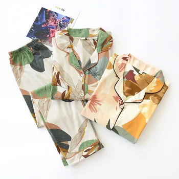 

Cotton Pajamas Set For Women Long Sleeve Full Length Pajamas Set 2 Pieces Spring Sleepwear Ink Flower Print Casual Home Service