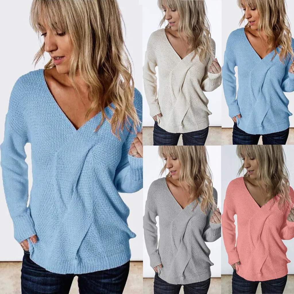 sweater women Knitted V-Neck Long Sleeve Lightweight V Neck Long Sleeve Sweater Pullover Jumper Tops Casual Knitted Sweater