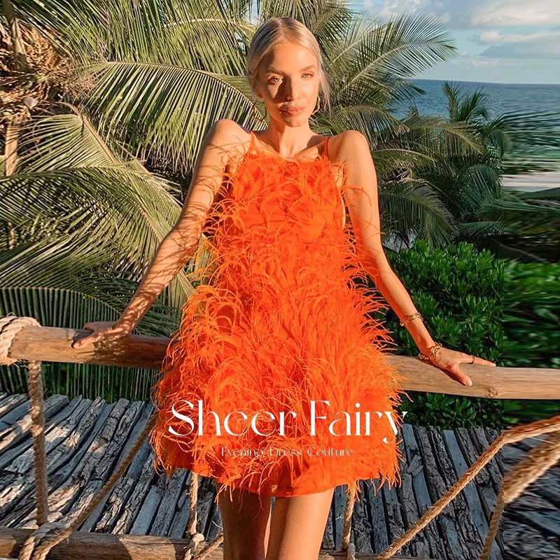 Sheer Fairy Orange Ostrich Feather Prom Dresses Short 2022 Luxury Mini Cocktail Party Dress Girls Homecoming Birthday Gala Gowns hot pink prom dress