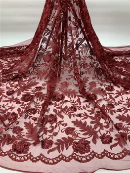 

Latest wine French mesh lace High Quality African Lace Fabric sequin Embroidered Tulle Lace Fabric For Wedding 5yards FJL1022