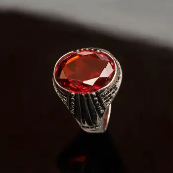 

New Fashion Red Oval Natural Garnet Male Ring Zirconia Inlaid S925 Silver Ring for Men