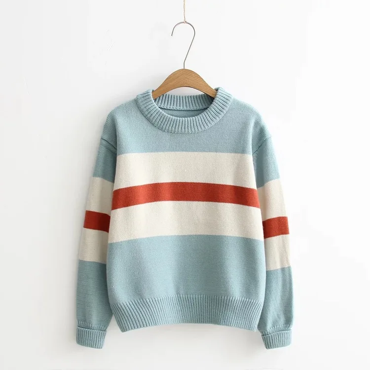 

S7891 Autumn New Style Joint Contrast Color Loose-Fit Pullover Thick Sweater Women's Raglan Sleeve Crew Neck Sweater