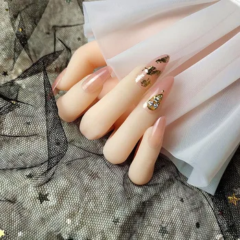 

24pcs Phototherapy Pure Color Fake Nails High-end Gold Foil Diamond Decor Detachable Long Style Finished Fingernails TY
