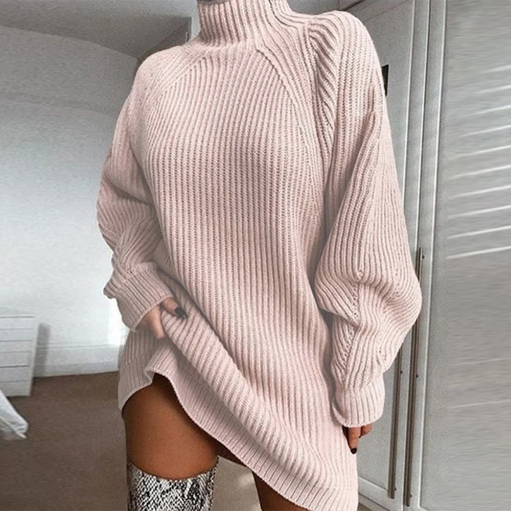 Light Pink Forefair Водолазка с длинным рукавом свитер платье для женщин осень зима свободная туника трикотажная Повседневная серая одежда свитер платья D25 - Цвет: Light Pink
