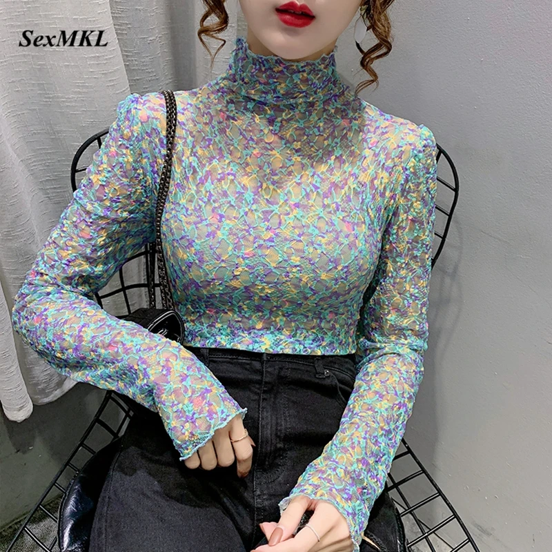 Women Sexy Transparent Print Blouses 2023 Fashion Long Sleeve Casual Ladies Tops Korean Clothing Elegant Summer Blouse Oversized