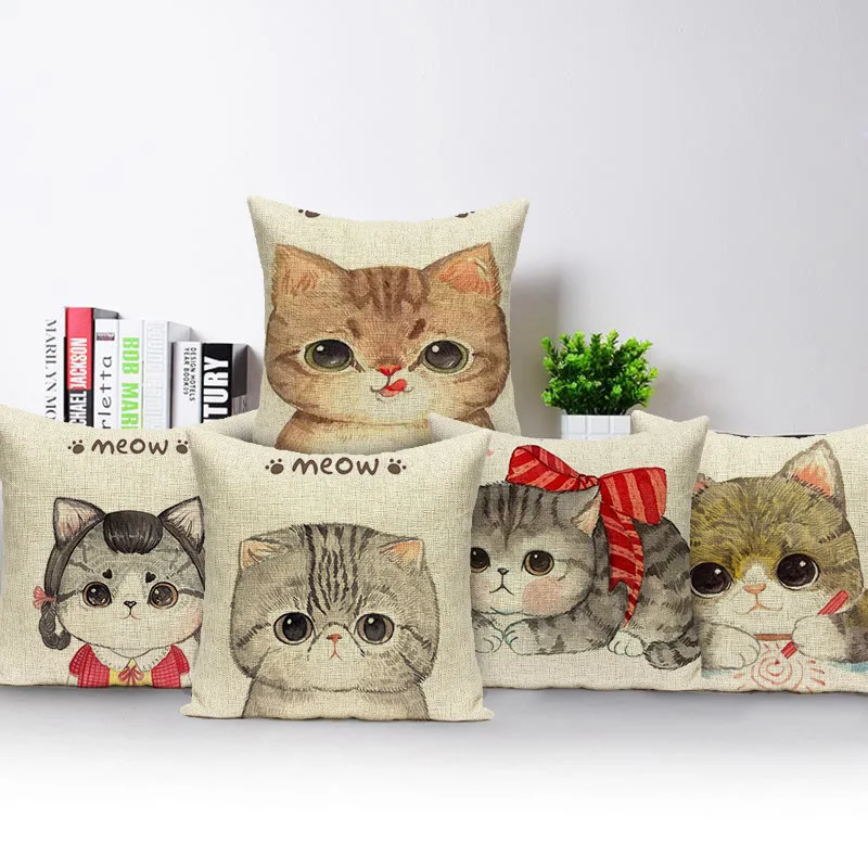 

Cute Cat Linen Printed Pillowcase Cushions Decorative Pillow Home Decor Sofa Pillows 45*45cm