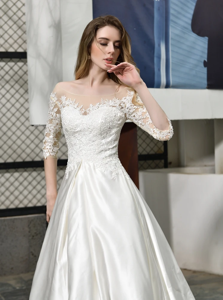Vestido de noiva, свадебные платья белого цвета и цвета слоновой кости, платья из сатина с кружевами и аппликациями с рукавом «три четверти» трапециевидной формы со складками невесты платье с длинным шлейфом