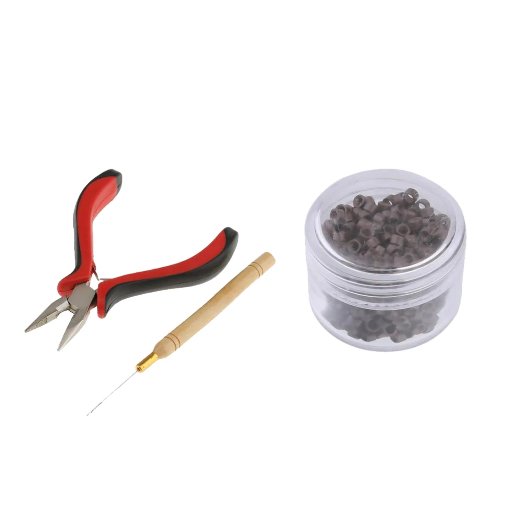 500pcs 5mm Silicone Lined Micro  Pearl Rings + Pliers Tool Kit Alumina Crochet Hooks Needles Hair Extensions Set
