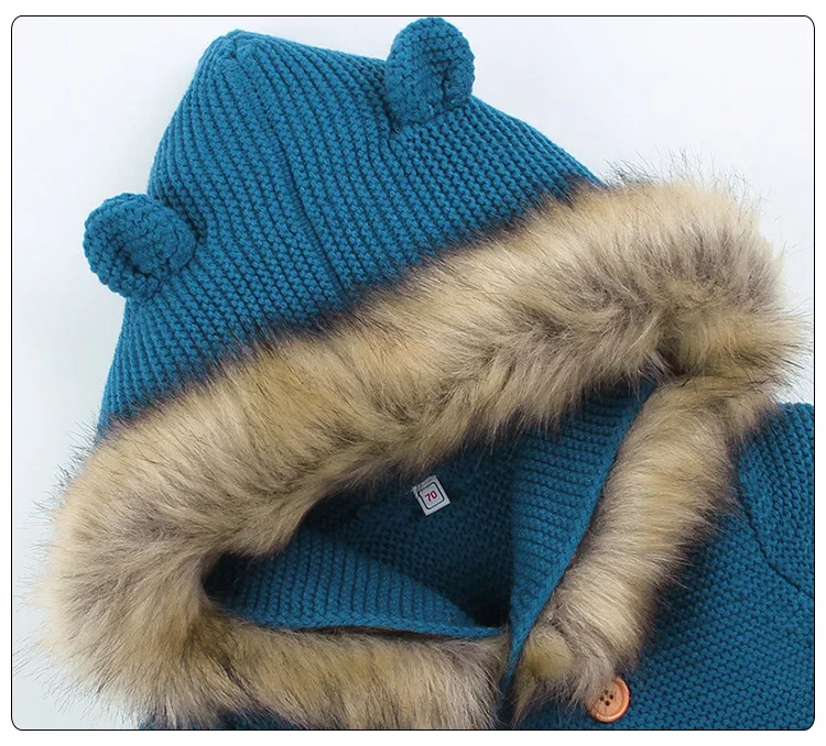 Модный детский свитер, верхняя одежда с милым меховым воротником, с капюшоном, вязаное пальто с капюшоном, осенне-зимнее теплое пальто для маленьких мальчиков и девочек