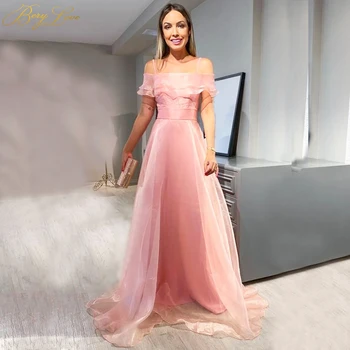 

Organza Prom Dress Pink Long Fairy Gown Ruffle Off the Shoulder Formal Woman A line Dress Young Girl Evening Dress