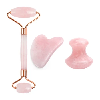

3Pcs/Set Natural Rose Quartz Jade Roller Real Jade Gua Sha Board Mushroom Massager Face Lifting Tool Facial Guasha Massage Kit