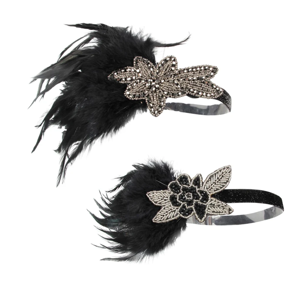 Women's Vintage Feather Headband, Black Rhinestone Applique 20s Flapper Headband - Roaring 1920s Headpiece - Shiny Elastic Band