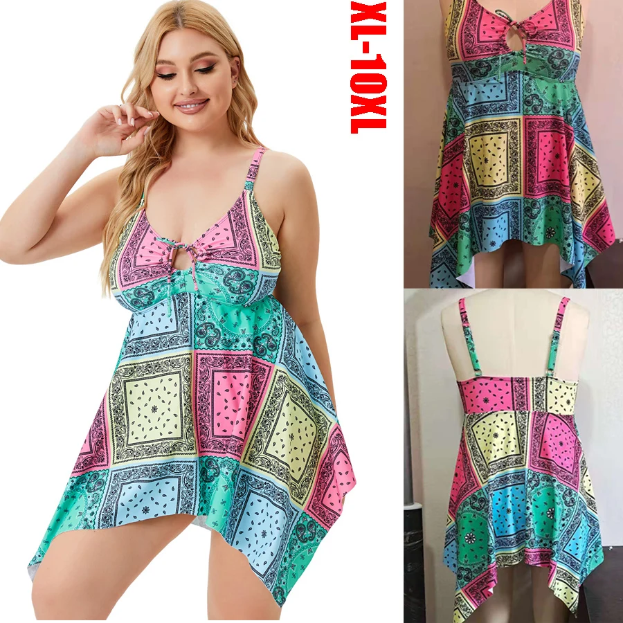 

2022 Plus Size XL-10XL Print Summer Beach Wear Bodysuits Tankini Two Piece Swimwear Vintage Women's Swimsuit