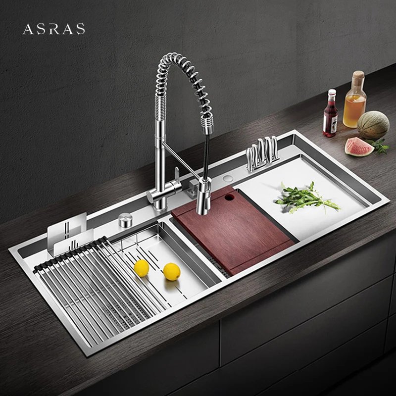 SUS 304 Stainless Steel Large Size Kitchen Double Sink Handmade Brushed 4mm Thickness 240mm Depth With Drain Plate Double Sinks 3