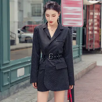 

2020 autumn new French simple striped women coat was thin wild long-sleeved blazer coat with belt