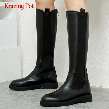 

Krazing pot equestrian boots natural leather stretch high qaulity round toe thick med heel zipper keep warm knee-high boots L84