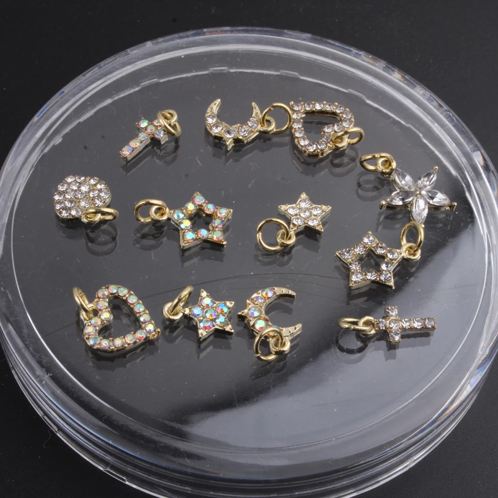 

10Pcs Twinkle Stars Alloy Dangle Nail Charms AB Color Rhinestone Star/Moon/Heart Pendant Metal Ornament DIY Manicure Decorations