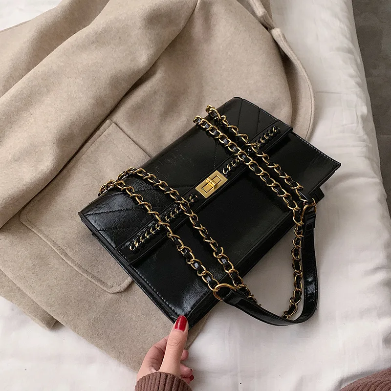 

2019 Winter New Style WOMEN'S Bag Large Capacity Lock Shoulder Bag Handmade Weave Chain Car Suture Korean-style Shoulder Bag