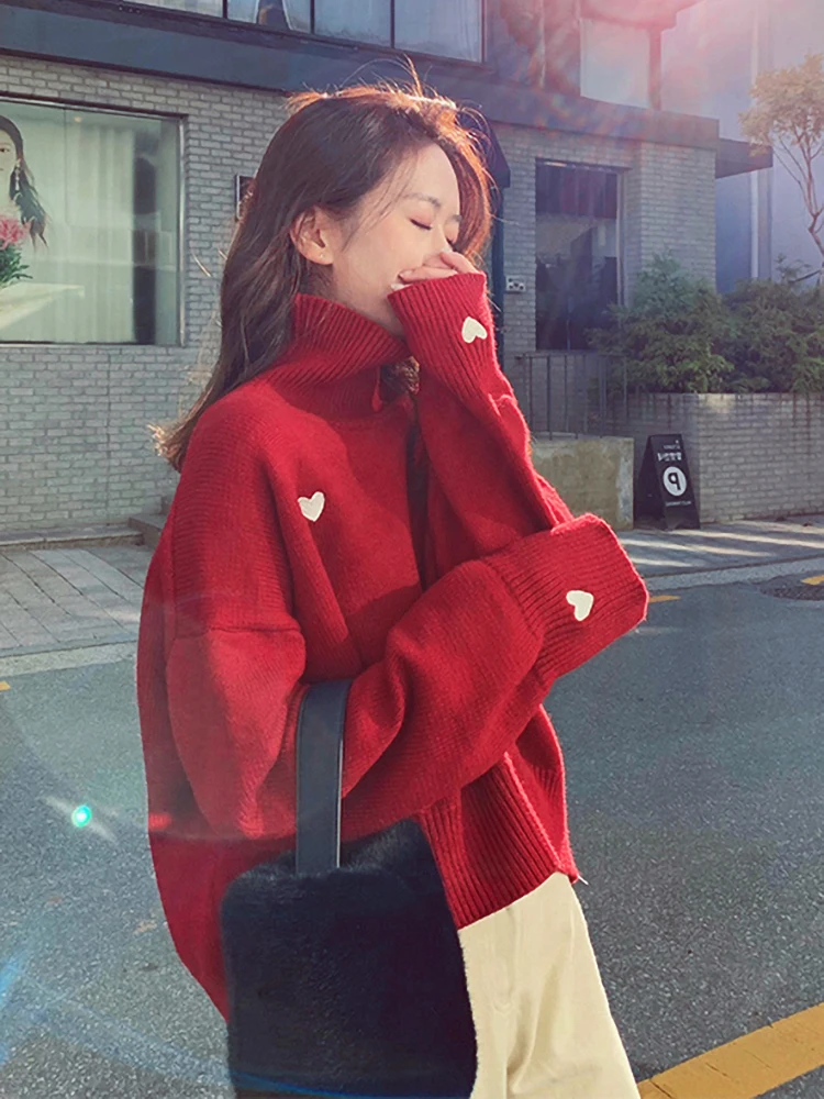 

Women's Turtleneck Sweater Loose Wild Love Sweater Net Red Slip Wind Sweater Women's Long Sleeve Casual Sweater Women White