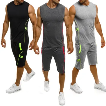 

Summer Set Men's Tracksuit Fitness Contrast color line Suit Clothes Running Jogging Sport Wear Workout Vest and Shorts Suit