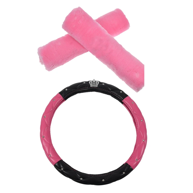 3 Pcs Cover: 1 Black+Rose Red PU Leather Car Steering Wheel Cover 15 Inch &amp 2 Pink Plush Seat Belt Shoulder Pads Cov | Автомобили и