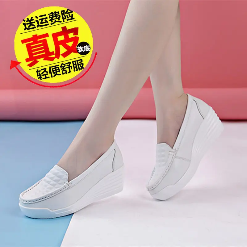 

Mom Shoes New Style Soft Leather Thick Bottomed Moccosins Women's Nurse Shoes Slanted Heel Anti-slip White Shoes Versatile Shoes