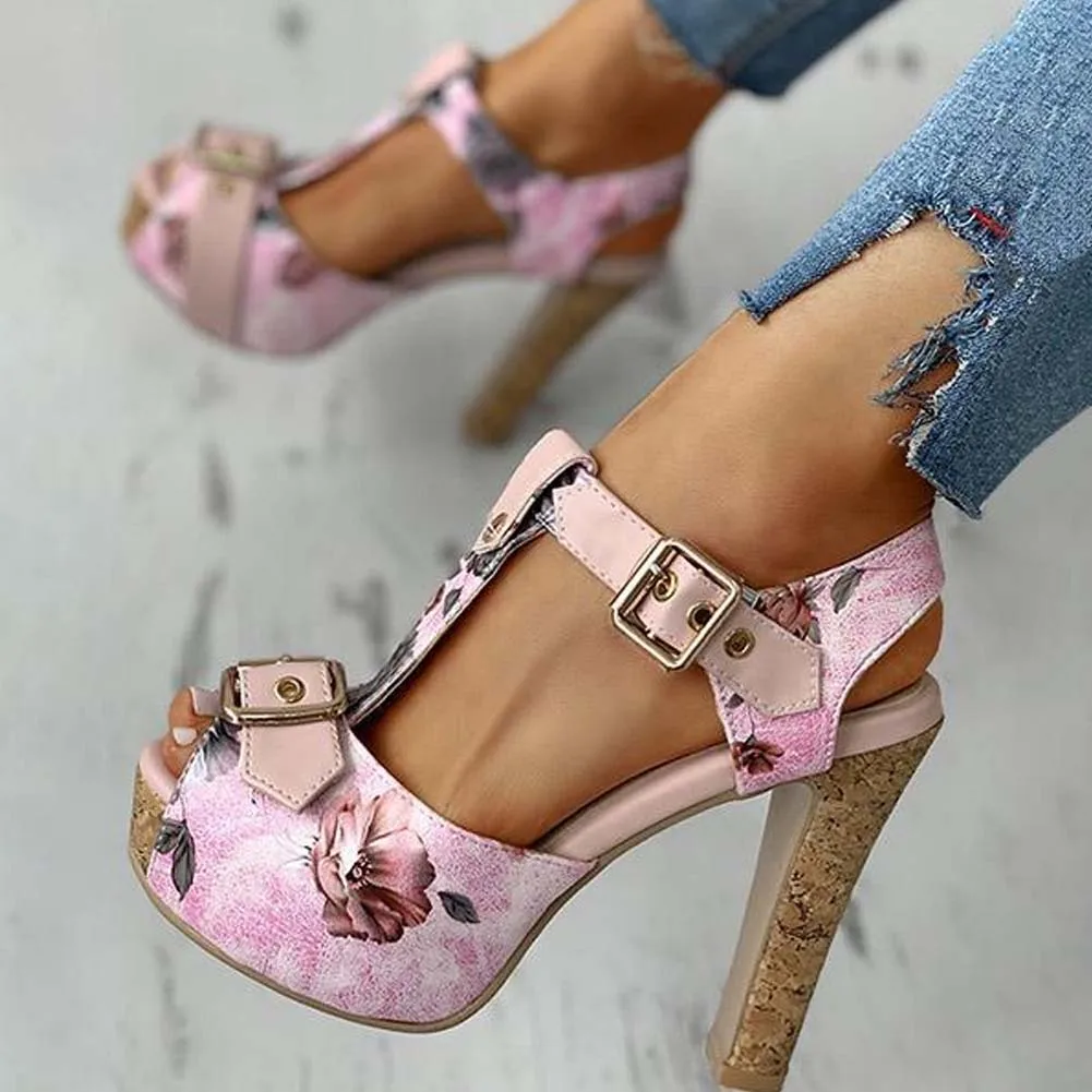 Brand Design Ladies Classic Summer Sandals Platform Thick High Heels Sandals Women 2021 Fashion Print Party Sexy Shoes Woman