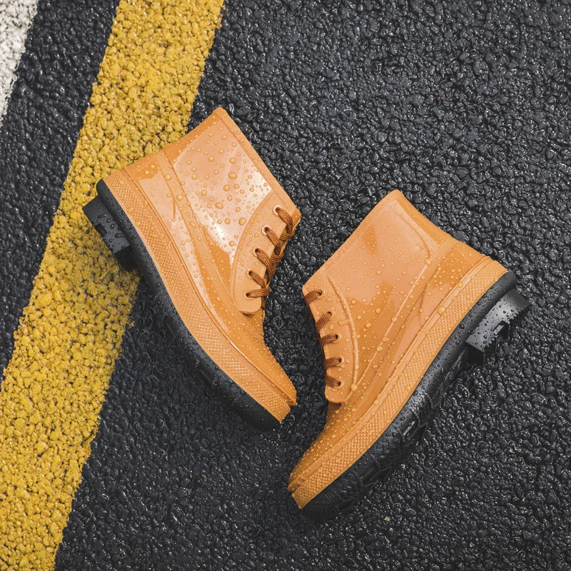 Men's Rainboots Spring Winter Rubber Shoes Men Platform Rain Boots Boy Waterproof Black Mens Ankle Boots Lace-Up Shoes